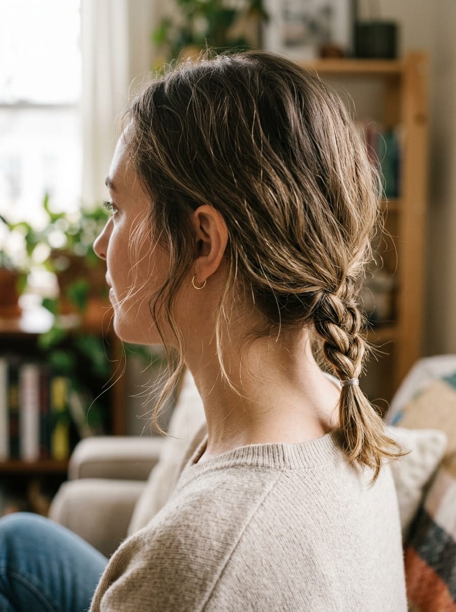 Tiefer Mini-Zopf im Nacken beim Long Bob - Flechtfrisur für kurze Haare